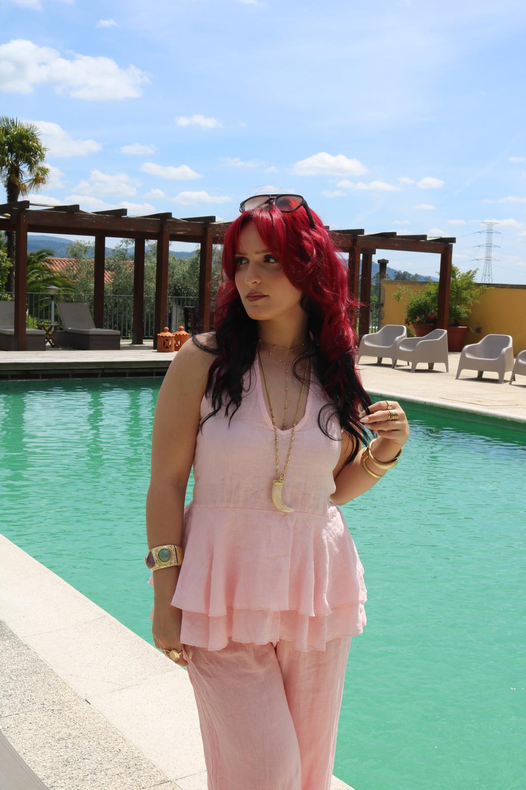 Conjunto Top Open Back Linho Rosa