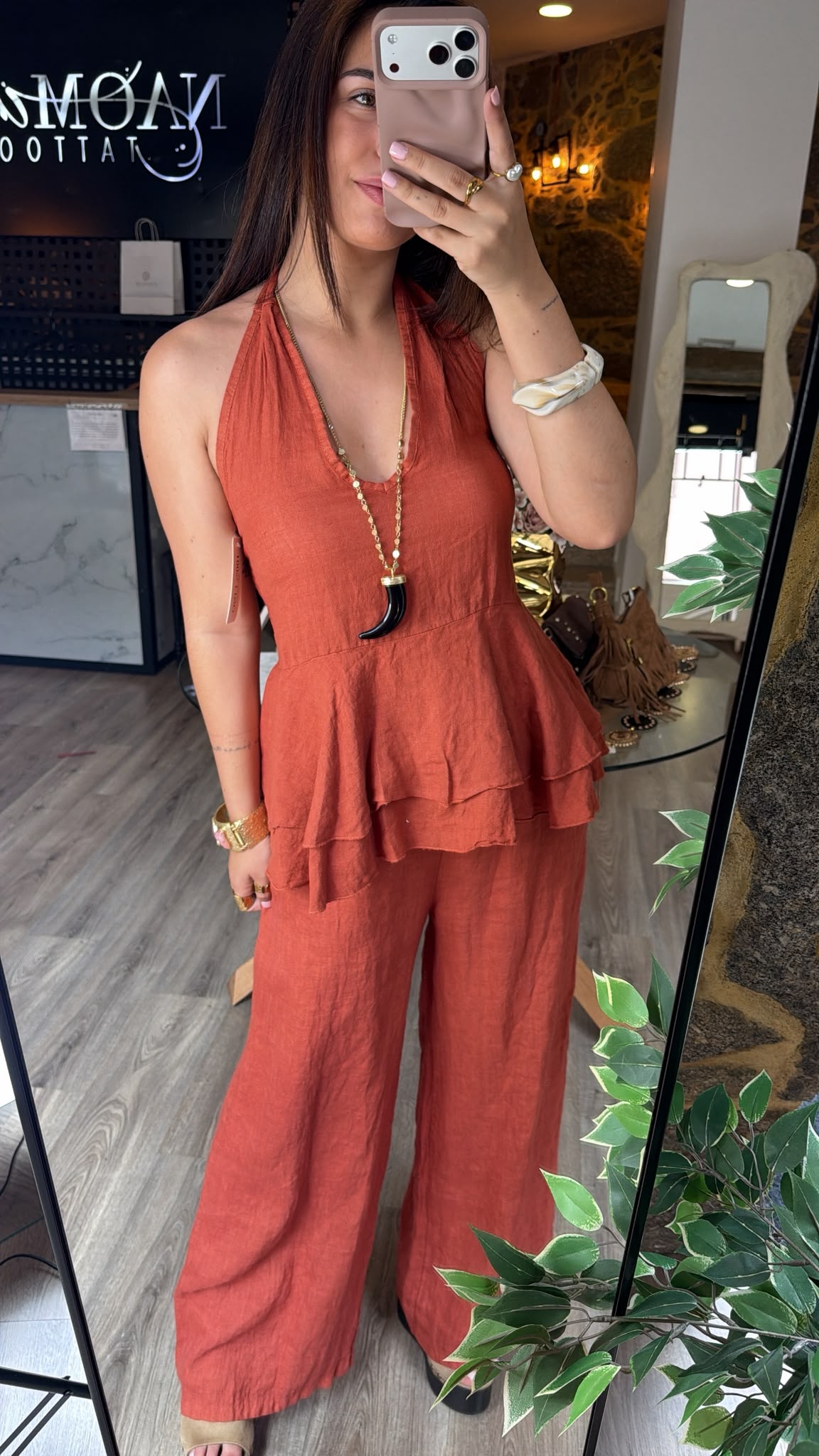 Conjunto Top Open Back Linho Terracota