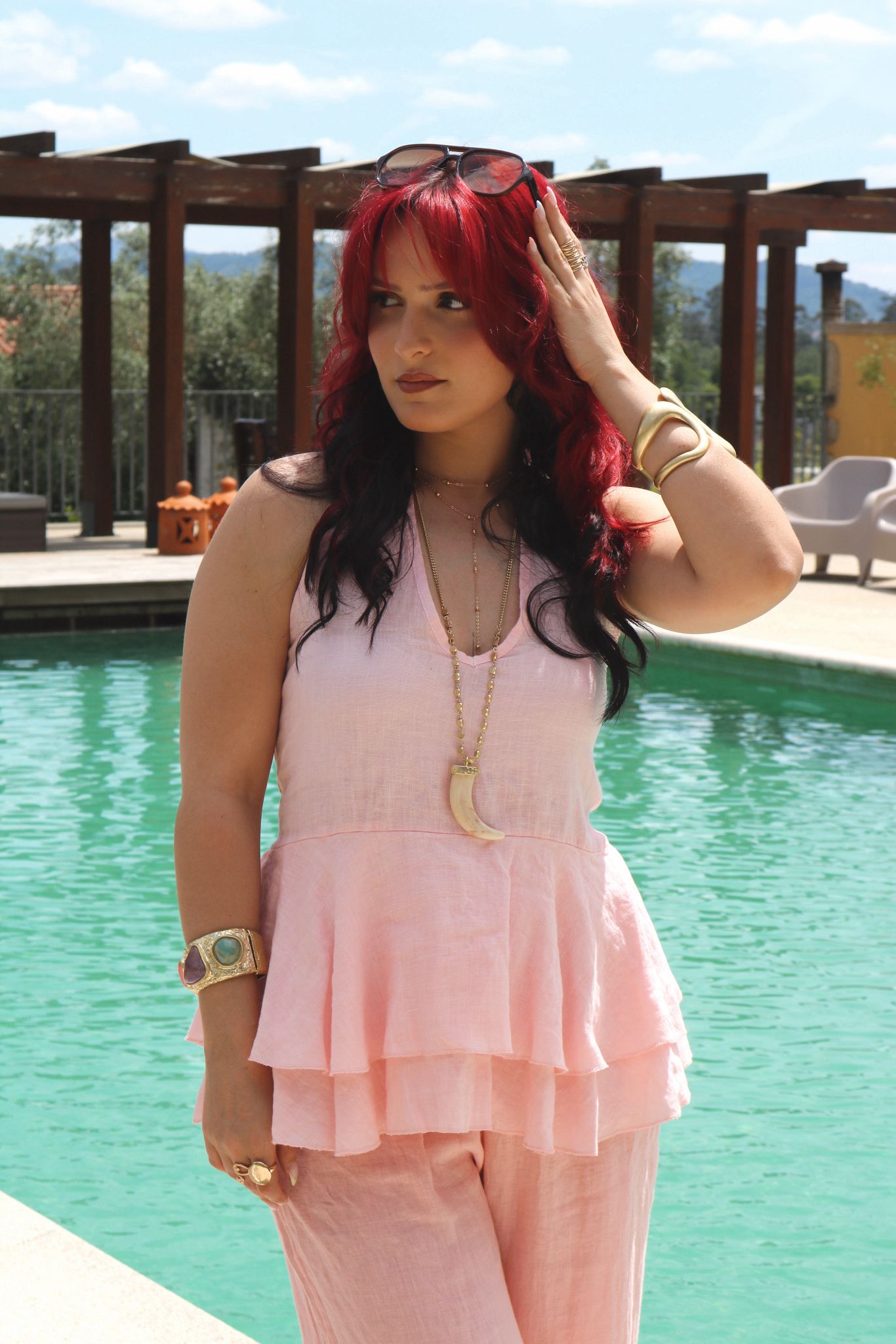 Conjunto Top Open Back Linho Rosa