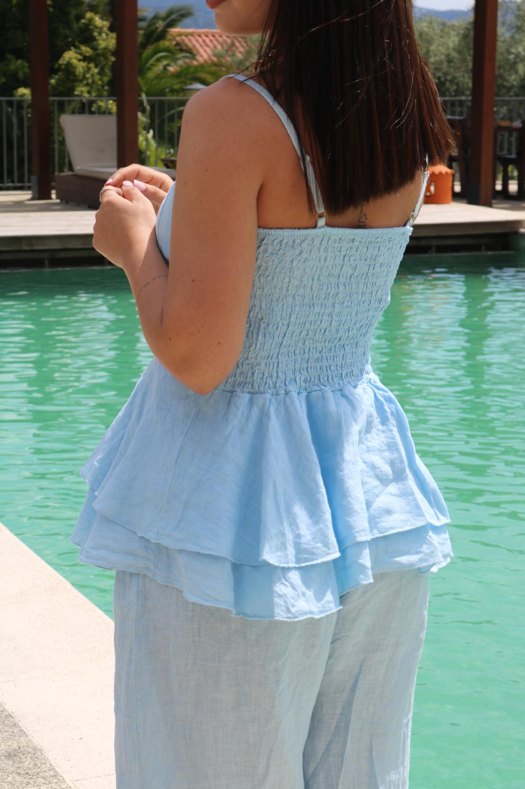 Conjunto Top de Linho/Folhos azul bebé