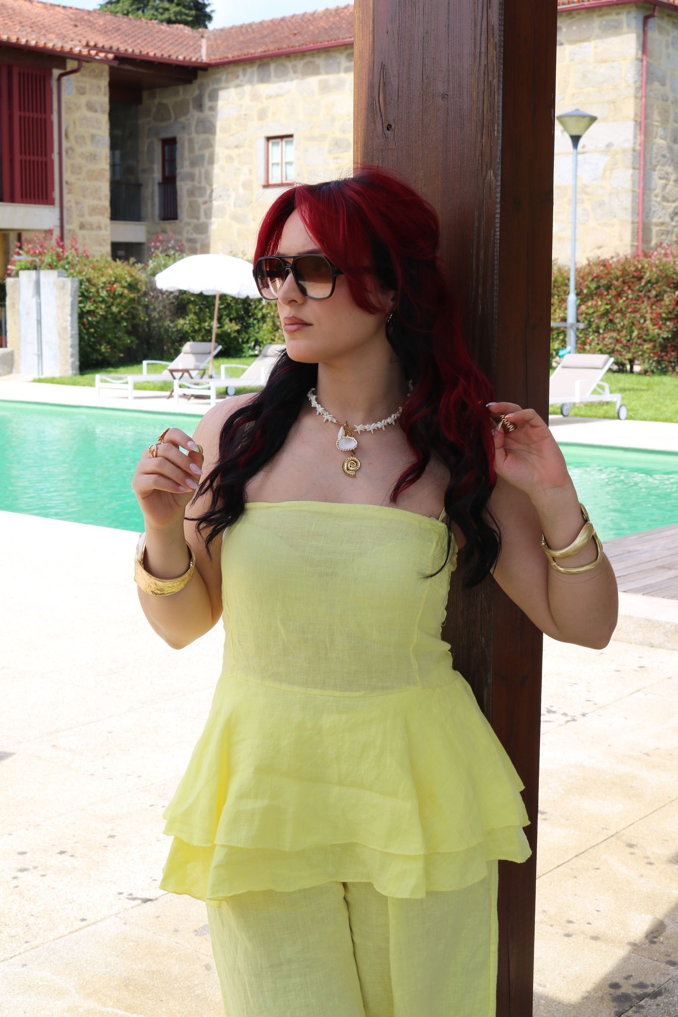 Conjunto Top de Linho/Folhos amarelo