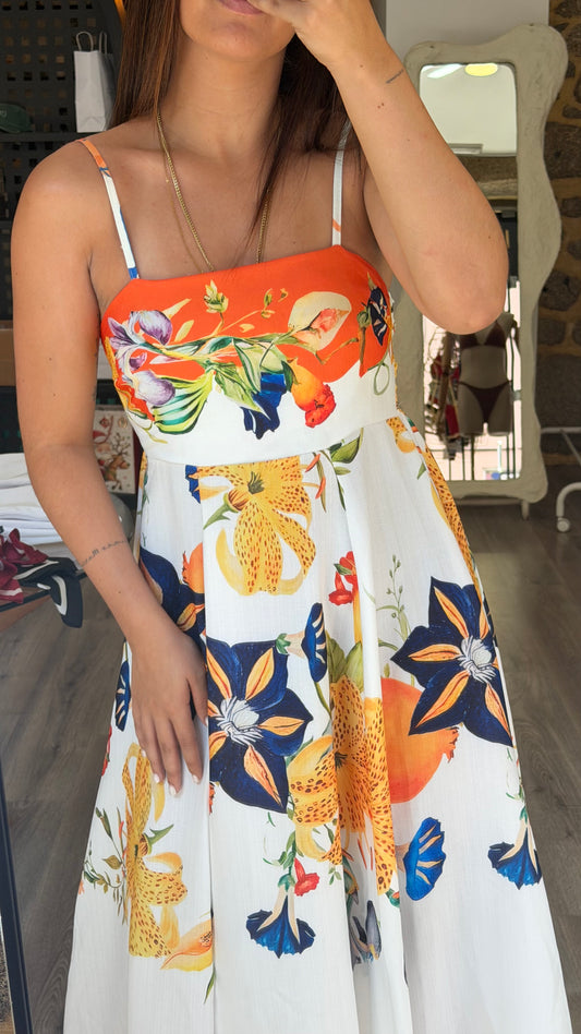 Vestido Midi Floral Branco e Laranja