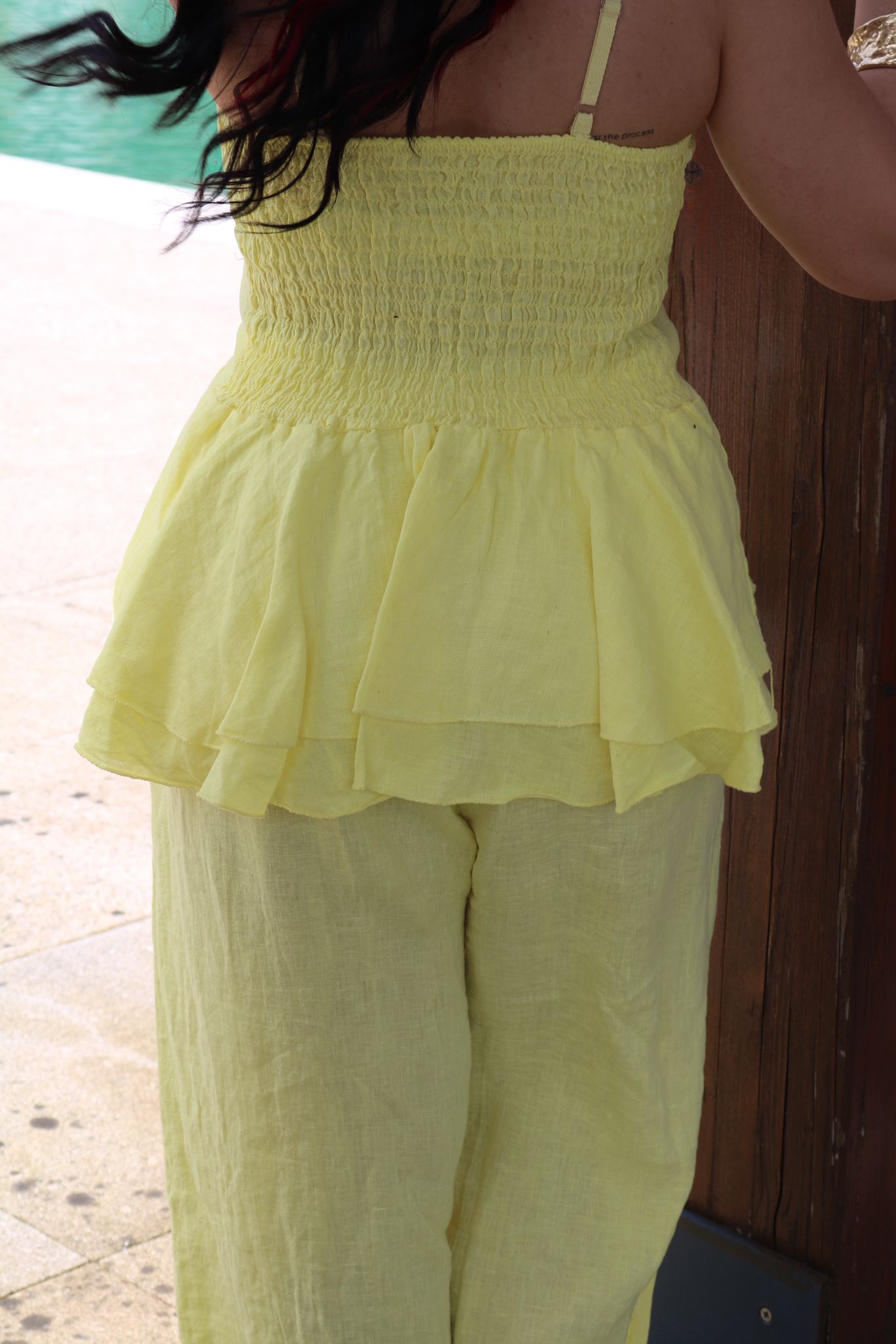 Conjunto Top de Linho/Folhos amarelo