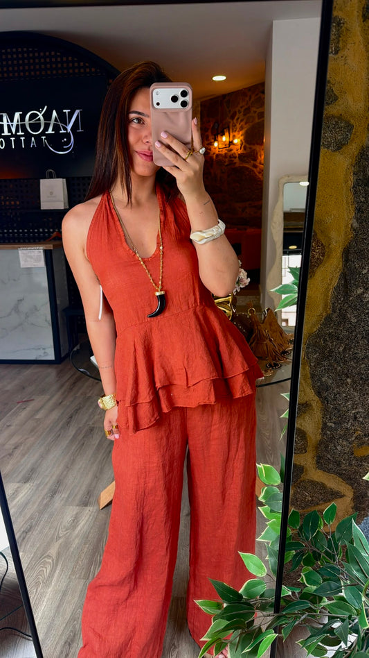 Conjunto Top Open Back Linho Terracota