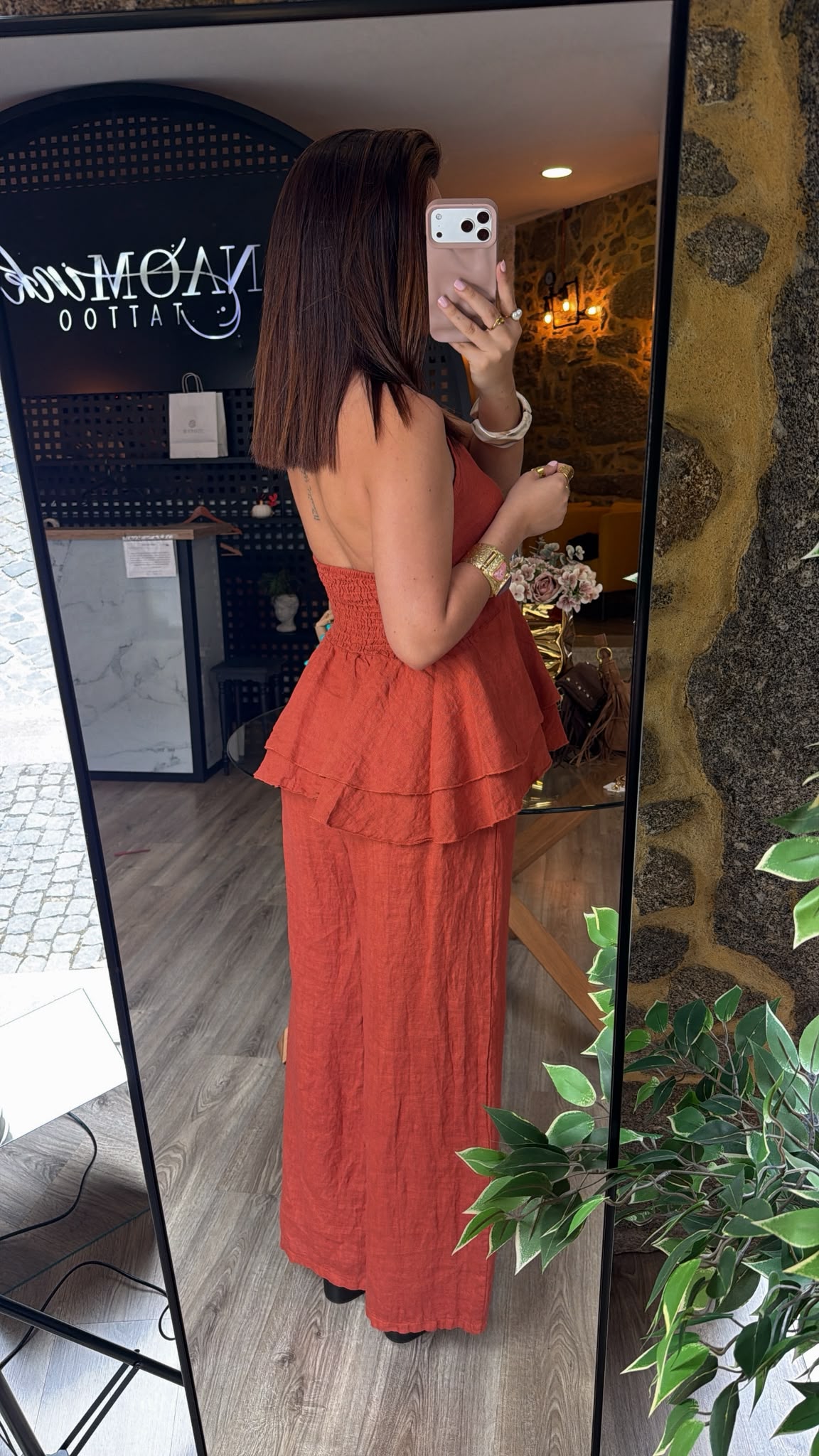 Conjunto Top Open Back Linho Terracota